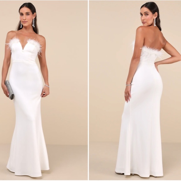 LULU's Bridal Wedding Chic Modern Sexy Elegant Feather Trim Mermaid Trumpet Gown - Picture 1 of 5